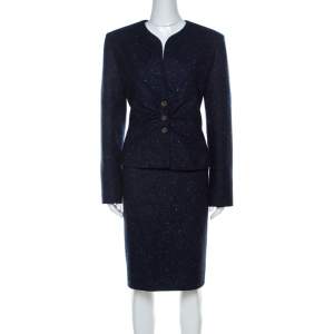 Pre Owned Valentino Dark Blue Patterned Tweed Wool Blazer and Skirt Set XL 