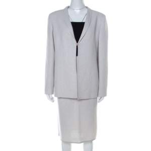 Valentino Boutique Vintage Light Grey Boucle Wool Skirt Suit XL 