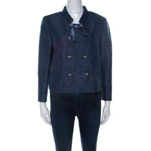 Valentino Blue Silk Jacquard Box Fit Cropped Jacket L 