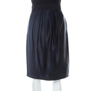 Pre Owned Valentino Navy Blue Silk Pleated Front Midi Skirt M 