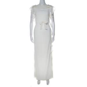 Pre Owned Valentino Off White Stretch Knit Ruffle Detail Sleeveless Gown S