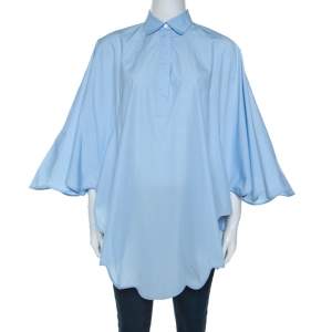 Pre Owned Valentino Light Blue Cotton Scalloped Hem Shirt M