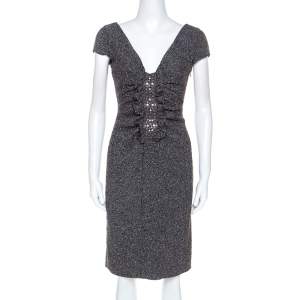 Pre Owned Valentino Grey Boucle Knit Wool Blend Embellshed Detail Dress M