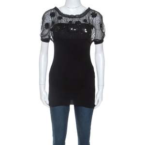 Pre Owned Valentino Black Wool and Silk Embellished Detail Top S