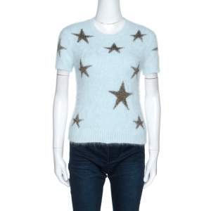 Pre Owned Valentino Light Blue Angora Wool Short Sleeve Star Intarsia Jumper S