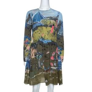 Pre Owned Valentino Olive Green Jungle Of Delight Print Silk Dress S