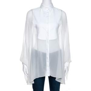 Pre Owned Valentino White Silk Draped Detail Button Front Blouse S