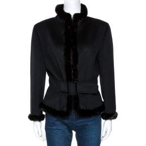 Pre Owned Valentino Black Felt Wool Fur Trim Belted Jacket XL