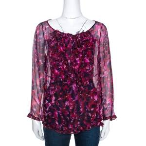 Pre Owned Valentino Purple Printed Silk Ruffle Front Blouse XL