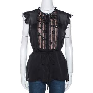 Pre Owned Valentino Black Silk Floral Embellished Lace Trim Blouse L