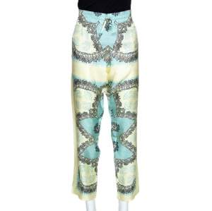 Pre Owned Valentino Turquoise and Yellow Printed Silk Pajama Pants L