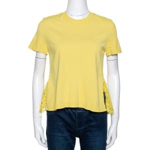Pre Owned Valentino Yellow Knit & Lace Short Sleeve Top M 