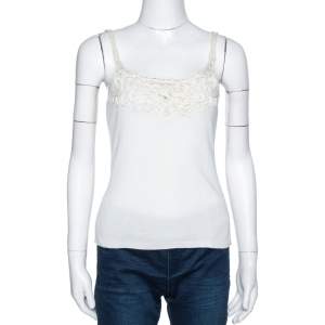Pre Owned Valentino Off White Cotton Sequined Lace Trim Tank Top M