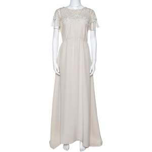 Valentino Beige Silk Floral Beaded Lace Yoke Gown L