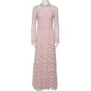 Pre Owned Valentino Light Pink Floral Lace Long Sleeve Gown M 