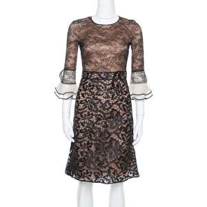 Valentino Black Lace Overlay Flute Sleeve Midi Dress S