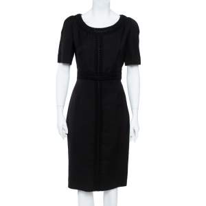 Valentino Black Silk Wool Tonal Lace Trim Sheath Dress L