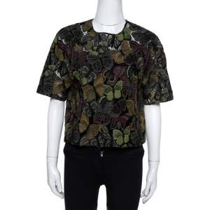 Pre Owned Valentino Green Butterfly Patterned Cotton Lace Cropped Top S