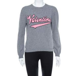 Pre Owned Valentino Grey Cashmere Blend Logo Intarsia Crewneck Sweater M
