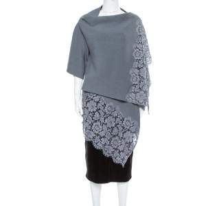 Pre Owned Valentino Grey Rib Knit & Lace Trim Wrap Cardigan XL 