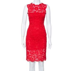 Pre Owned Valentino Red Floral Lace Sleeveless Sheath Dress S