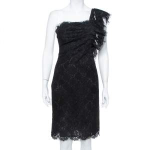 Valentino Black Lace Ruffle One Shoulder Short Dress M