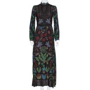 Pre Owned Valentino Black Watersong Printed Silk & Lace Trim Maxi Dress M