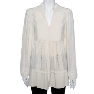 Pre Owned Valentino Cream Silk & Lace Pintuck Detail Tunic M