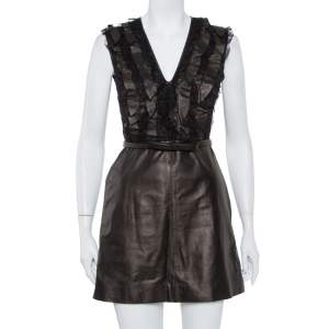 Pre Owned Valentino Brown Leather & Lace Ruffle Detail Belted Short Dress S