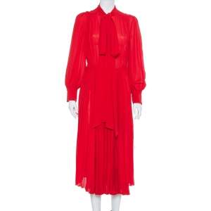 Pre Owned Valentino Red Silk Neck Tie Detail  Pleated Midi Dress S