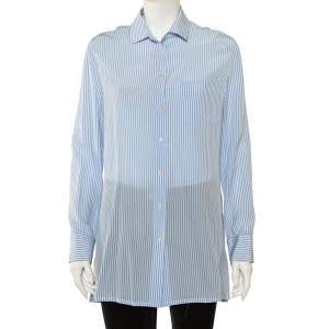 Pre Owned Valentino Blue Striped Silk Scoop Back Detail Button Front Shirt M