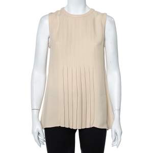 Pre Owned Valentino Beige Silk Pleated Front Sleeveless Top M
