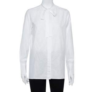 Valentino White Cotton Neck Tie Detail Lace Front Shirt M
