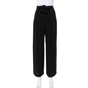 Pre Owned Valentino Black Silk Waist Tie Detail Belted Straight Leg Trousers M