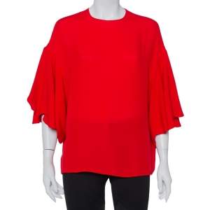 Pre Owned Valentino Red Silk Bell Sleeve Top M