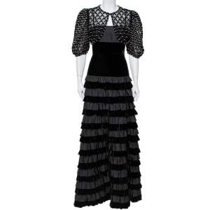 Pre Owned Valentino Black Velvet & Satin Embellished Cape Detail Ruffled Sleeveless Gown M