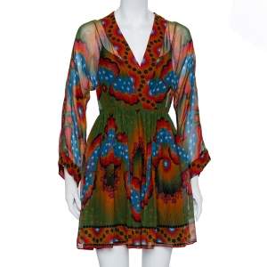 Pre Owned Valentino Multicolor Volcano Printed Silk Faux Wrap Mini Dress S