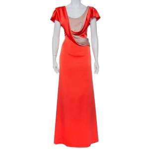 Pre Owned Valentino Orange Satin Draped Neck Detail Maxi Dress XL