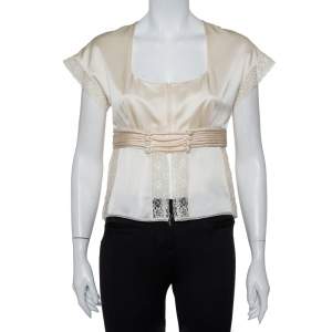 Pre Owned Valentino Vintage Cream Silk Satin & Lace Scoop Neck Top M