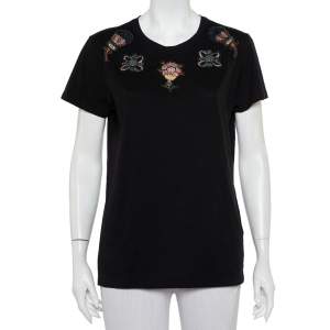 Valentino Black Cotton Beaded Flower Applique Detail Crewneck T-Shirt XL