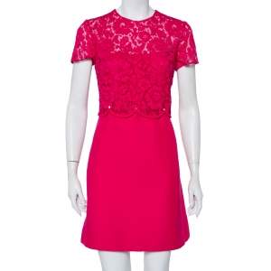 Pre Owned Valentino Pink Wool & Lace Paneled Scalloped Rockstud Waist Detail Mini Dress M