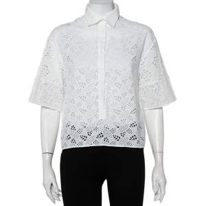 Pre Owned Valentino White Eyelet Lace Collared Button Front Shirt M