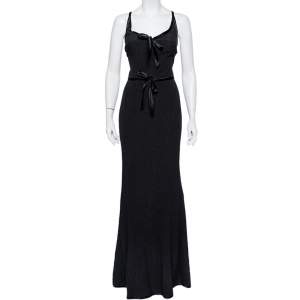 Pre Owned Valentino Boutique Vintage Black Textured Silk & Satin Tie Detail Sleeveless Maxi Dress M