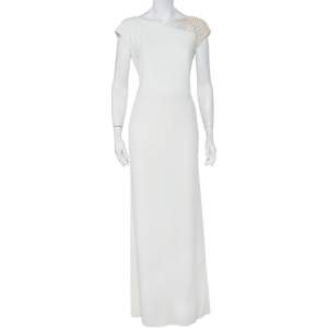 Valentino Boutique Vintage White Crepe Mesh Sleeve Detail Maxi Dress L