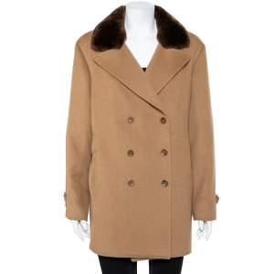 Valentino Camel Brown Wool & Cashgora Fur Trim Belted Short Coat XL