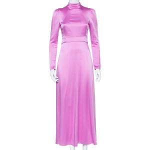 Pre Owned Valentino Pink Textured Satin High Neck Maxi Dress S