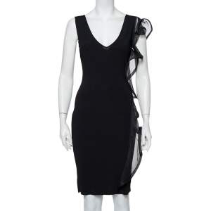 Pre Owned Valentino Black Knit Structured Ruffle Detail Sheath Dress S