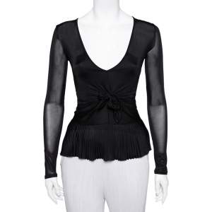 Pre Owned Valentino Black Jersey Plisse Detail Plunge Neck Top M
