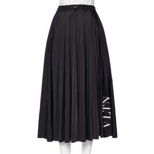 Pre Owned Valentino Black Logo Printed Knit Pleated Midi Skirt M