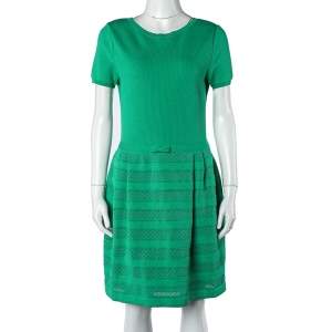 Pre Owned Valentino Green Textured Knit Pleated Dress L